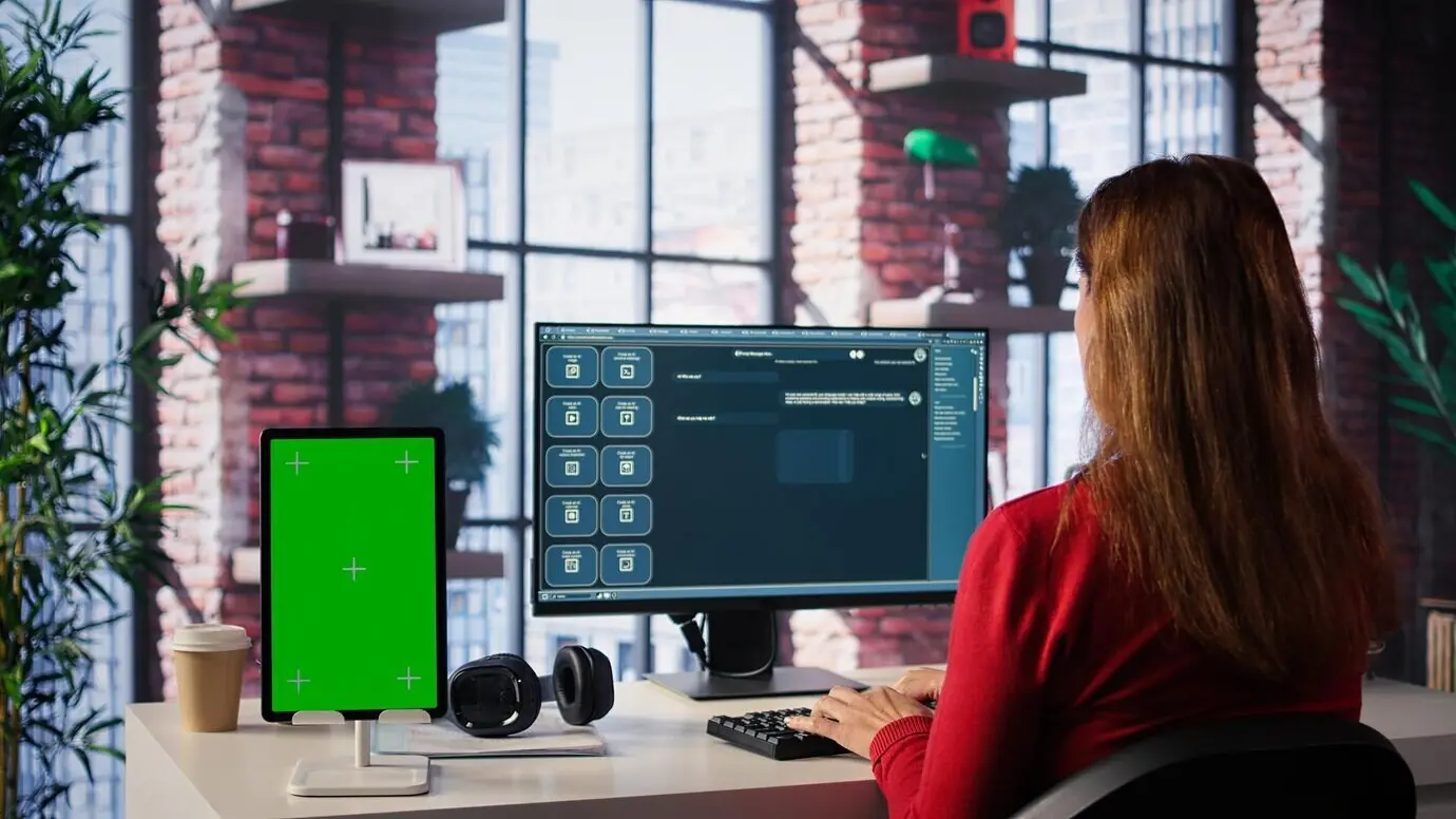 Взрослый человек пользуется цифровым инструментом искусственного интеллекта в веб-интерфейсе рядом с зелёным экраном.